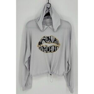 UK2LA Women’s White Cropped Hoodie Lips Snake Print Gold Trim Size L